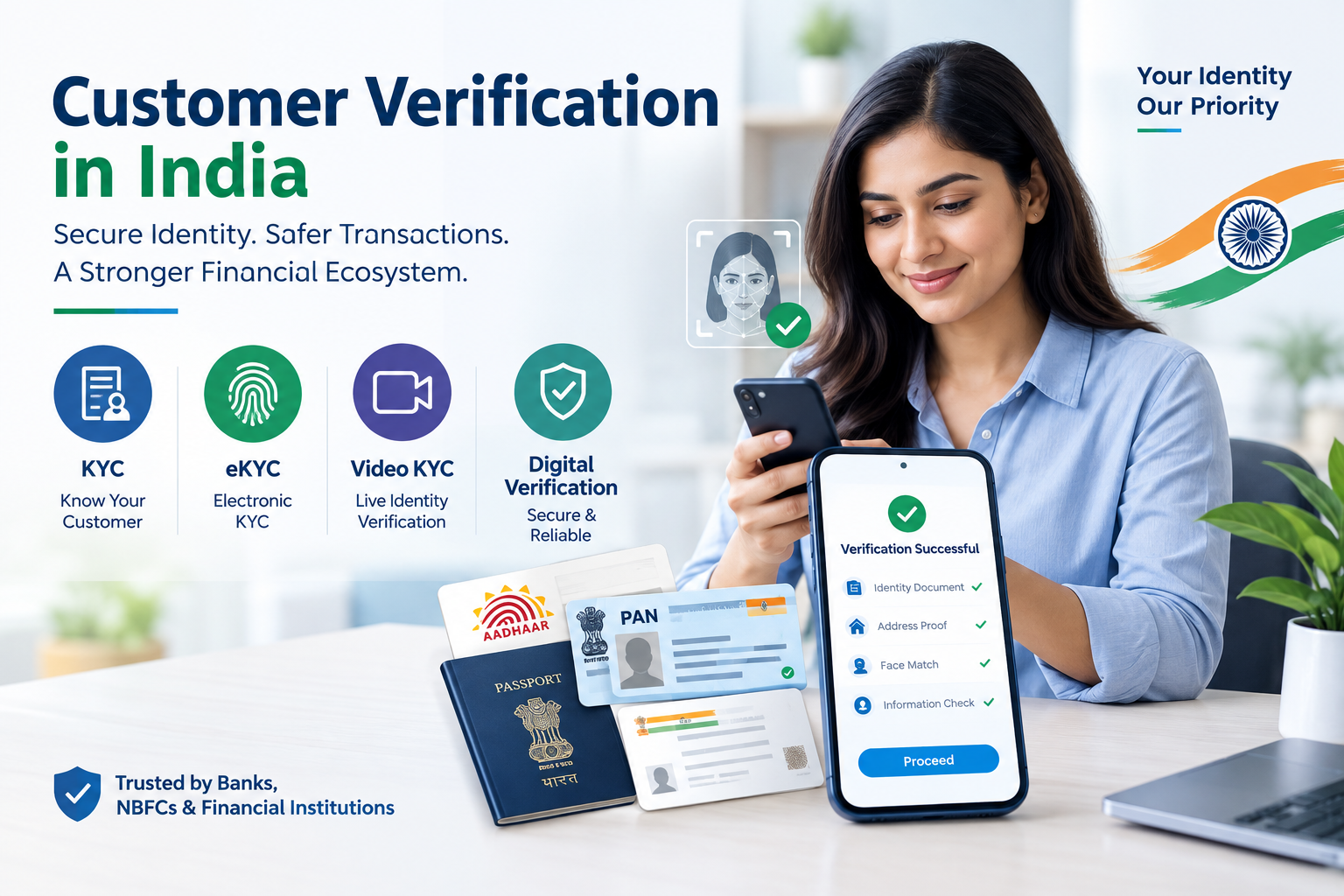 Customer verification in India showing KYC, eKYC, Video KYC and digital identity verification process